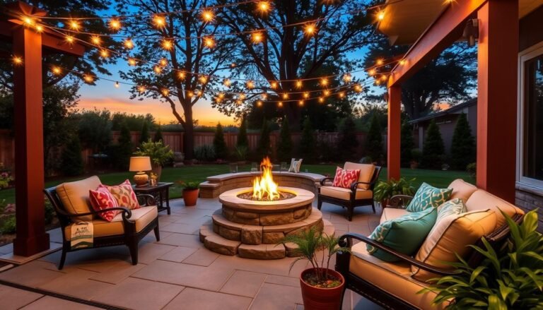 Stunning backyard patio with comfortable seating, string lights, and a fire pit surrounded by lush greenery