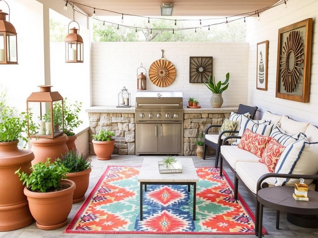 Styled outdoor grill area with decorative elements including planters, lighting, and textiles