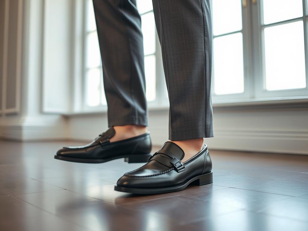 Styling example of classic designer loafers with tailored trousers