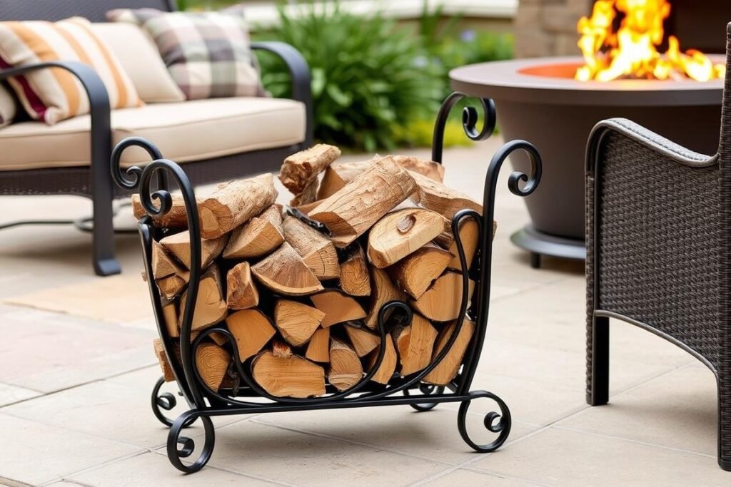Stylish decorative outdoor firewood holder that complements patio furniture