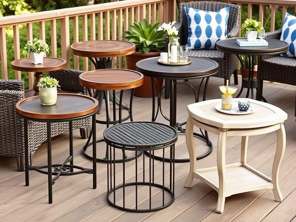Stylish outdoor accent tables in various heights and materials arranged on a patio
