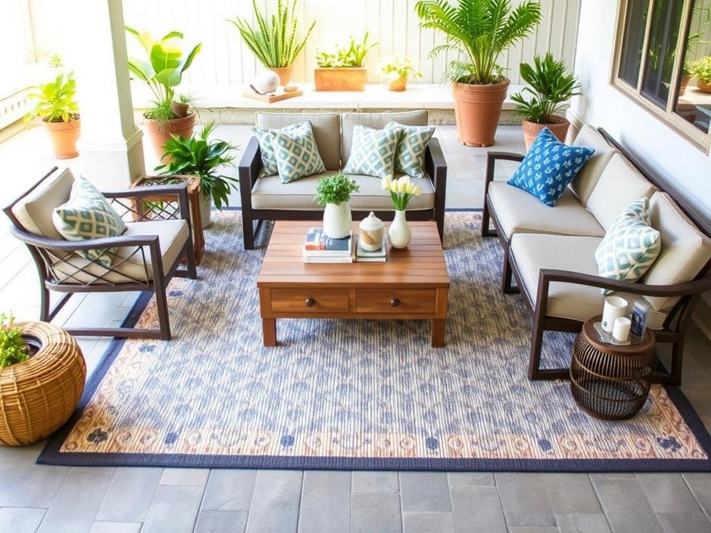 Stylish outdoor rug defining a patio seating area with furniture arranged on top
