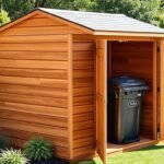 Stylish outdoor trash can storage shed with wooden finish in a backyard setting