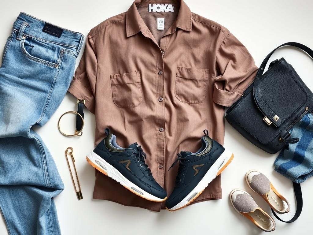 Stylish outfit flat lay featuring Hoka shoes paired with fashionable clothing items