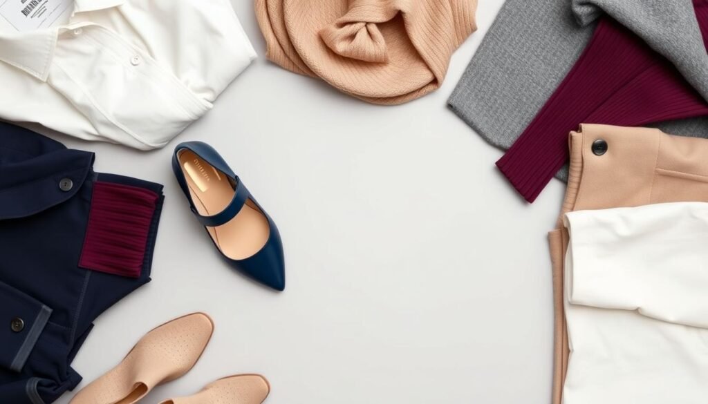 Stylish outfit flat lay featuring navy blue shoes as the focal point