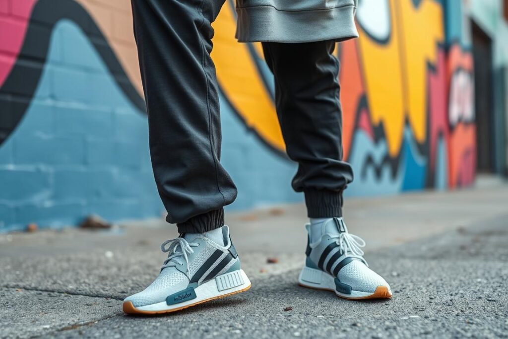 Stylish person wearing Adidas NMD shoes with trendy streetwear outfit