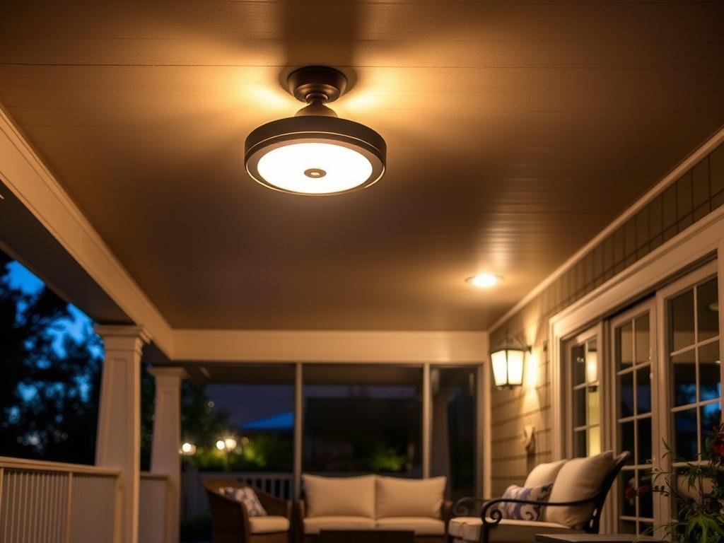 Stylish porch ceiling light fixture illuminating an outdoor seating area