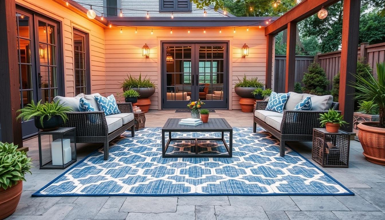 Stylish waterproof outdoor rug on a modern patio with furniture