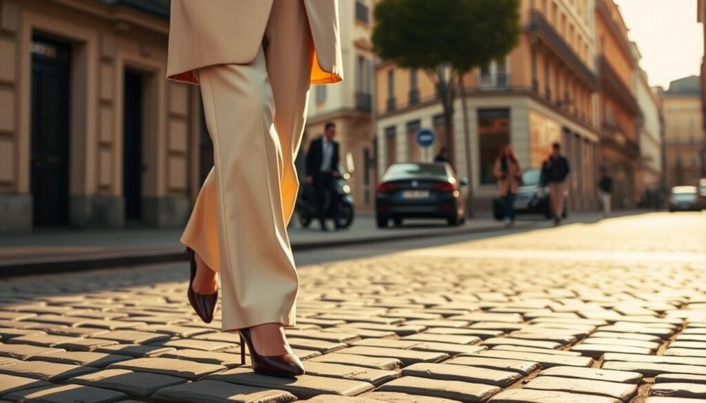 Stylish woman walking confidently in Bottega Veneta shoes, embodying the brand's timeless elegance in a complete bottega veneta shoes outfit