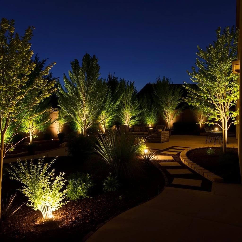 Subtle landscape lighting illuminating plants and pathways around a patio