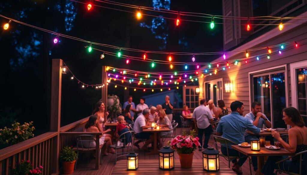Summer deck party with colorful string lights and lanterns Summer deck party with colorful string lights and lanterns