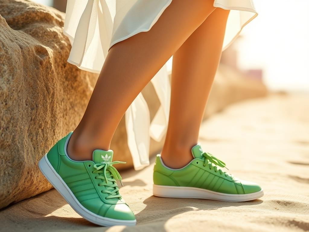 Summer outfit with green Adidas sneakers, shorts and light top