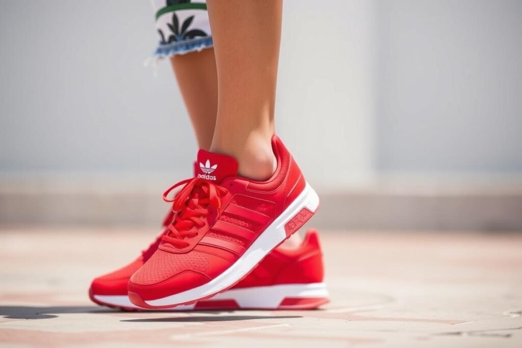 Summer outfit with red adidas shoes, denim shorts and graphic tee