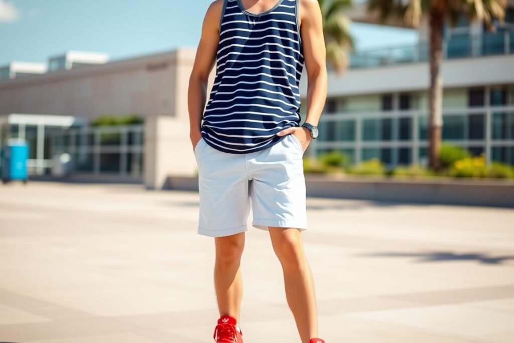 Summer outfit with red adidas shoes, white shorts and striped tank top