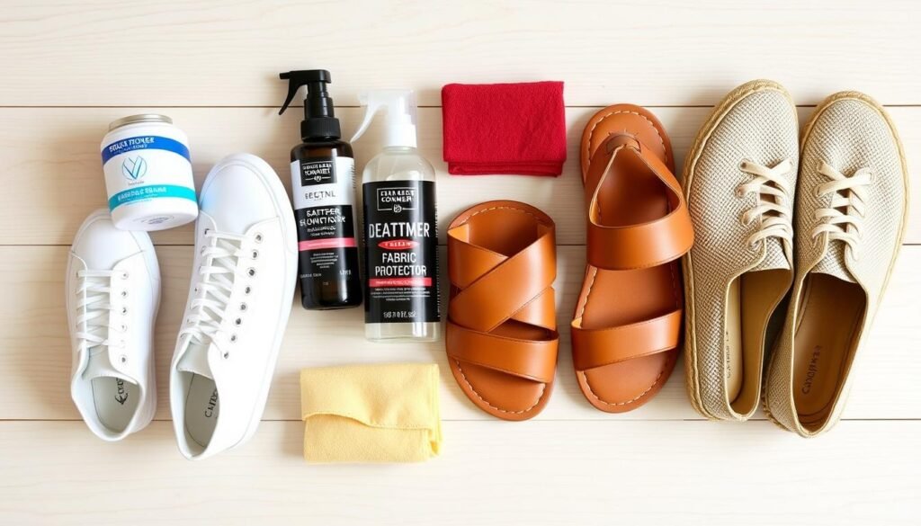 Summer shoe care products and clean summer shoes arranged neatly Summer shoe care products and clean summer shoes arranged neatly
