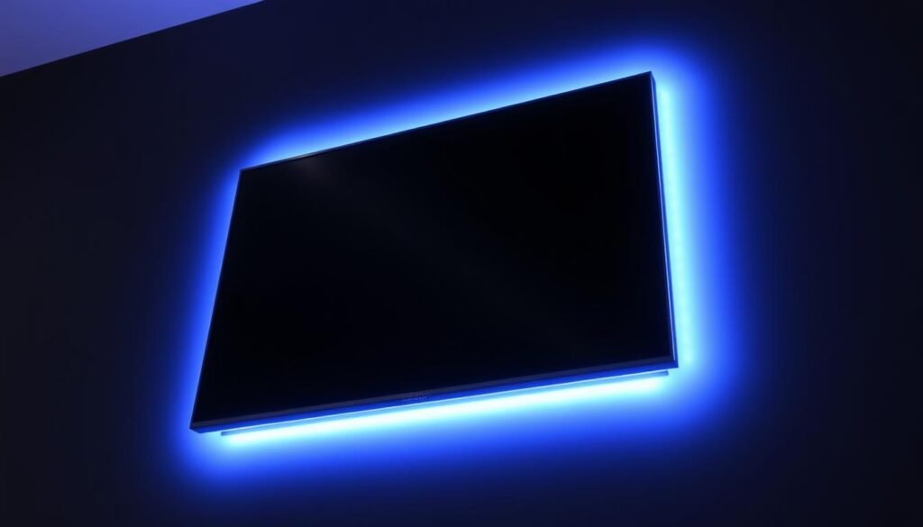 TV with LED strip backlighting creating a halo effect behind the screen
