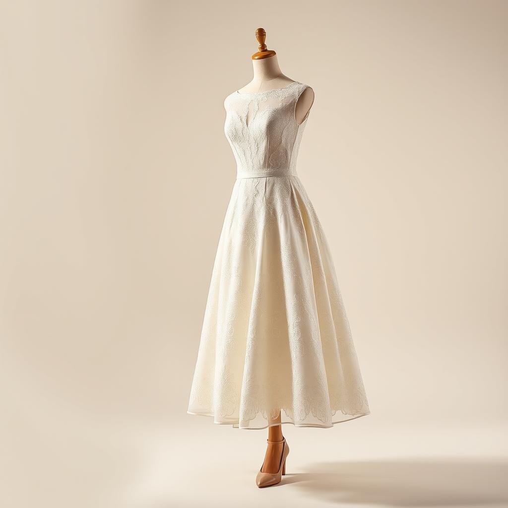 Tea length wedding dress with kitten heel bridal shoes