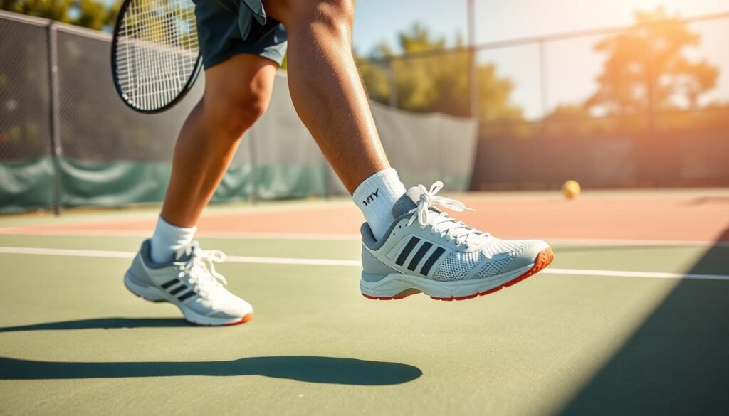 Tennis player confidently moving on court wearing proper tennis shoes