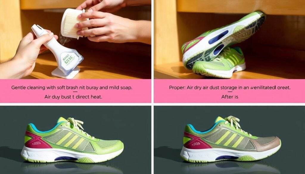 Tennis shoe maintenance showing cleaning, drying, and storage techniques