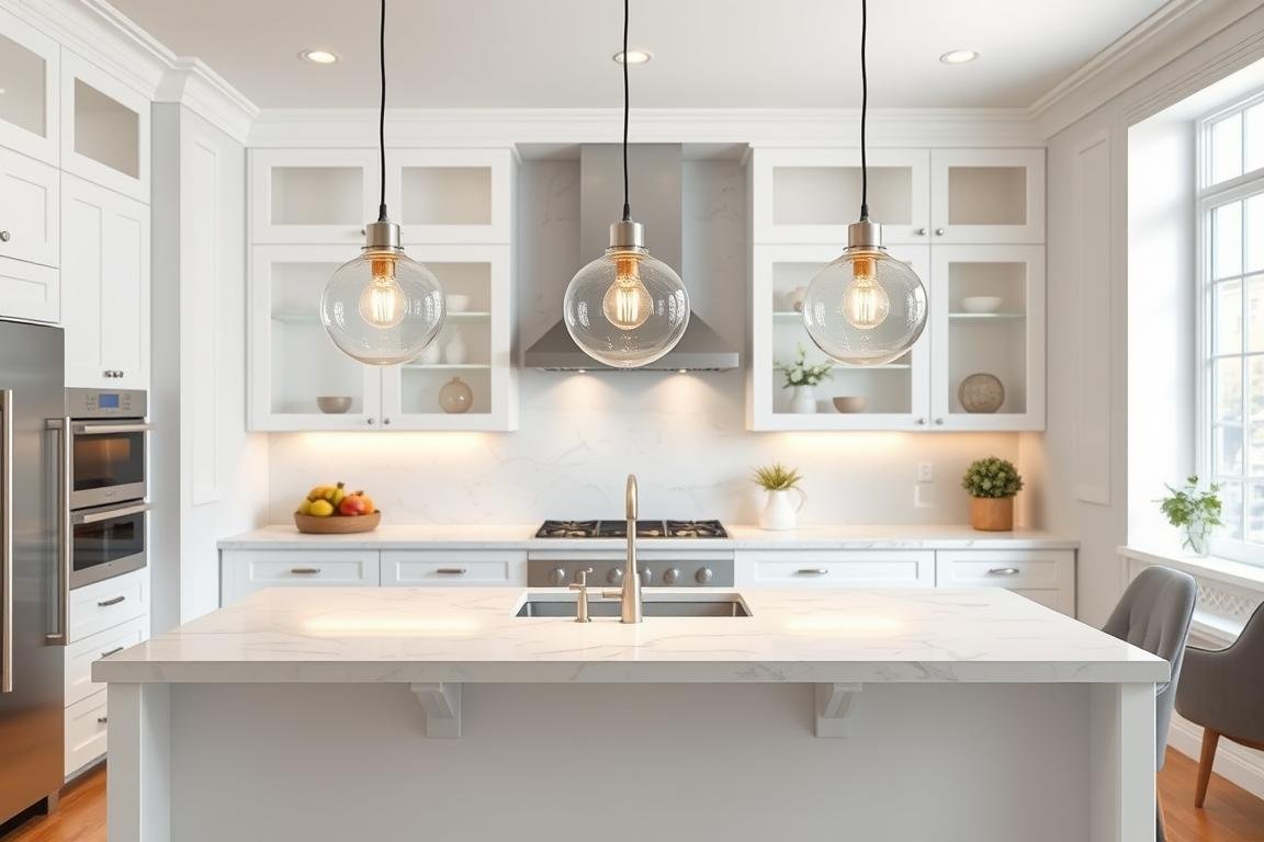 Three glass globe pendant lights hanging over a white marble kitchen island