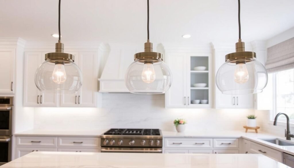 Three modern pendant lights hanging over a kitchen island