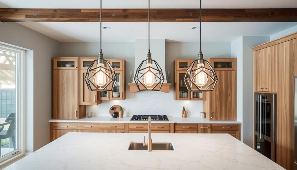Three statement pendant lights hanging over a large kitchen island