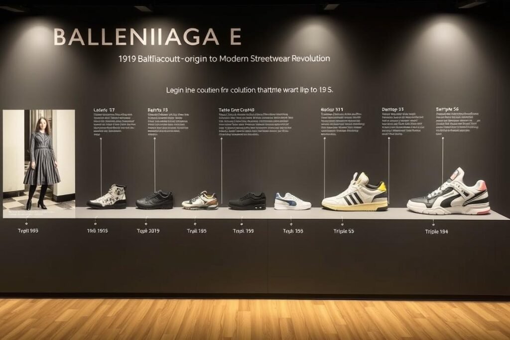 Timeline showing Balenciaga's evolution from haute couture to modern streetwear with focus on iconic shoe designs