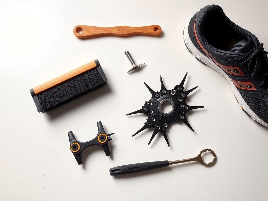 Track shoes being maintained with cleaning tools and replacement spikes