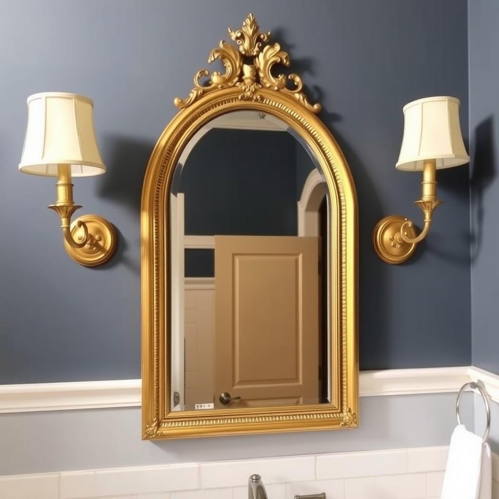 Traditional bathroom with gold-framed mirror and matching sconces