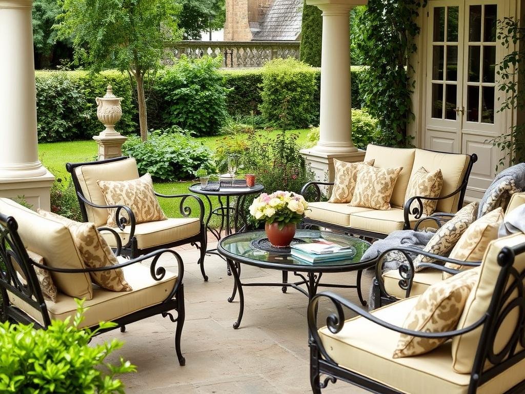 Traditional outdoor patio furniture with classic details and comfortable cushions in a garden setting