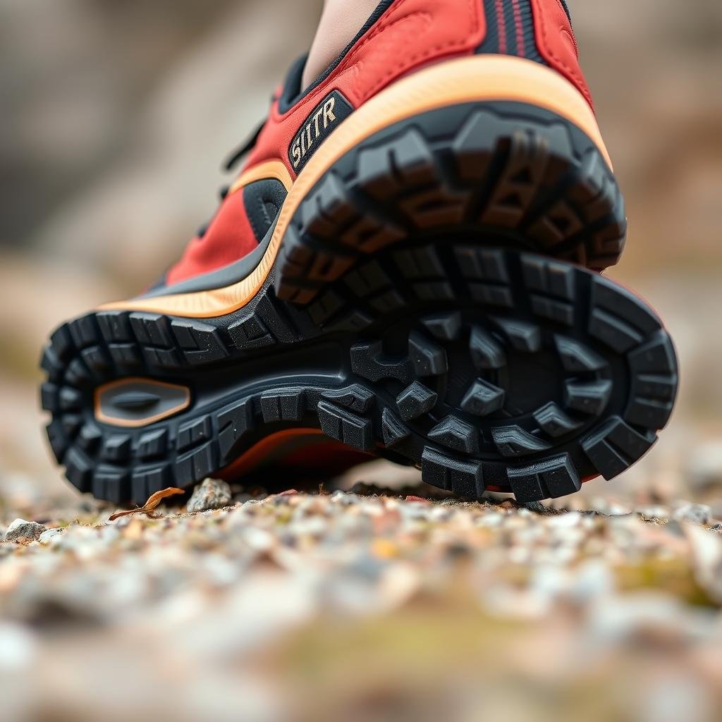 Trail running shoe with aggressive outsole tread pattern for off-road traction