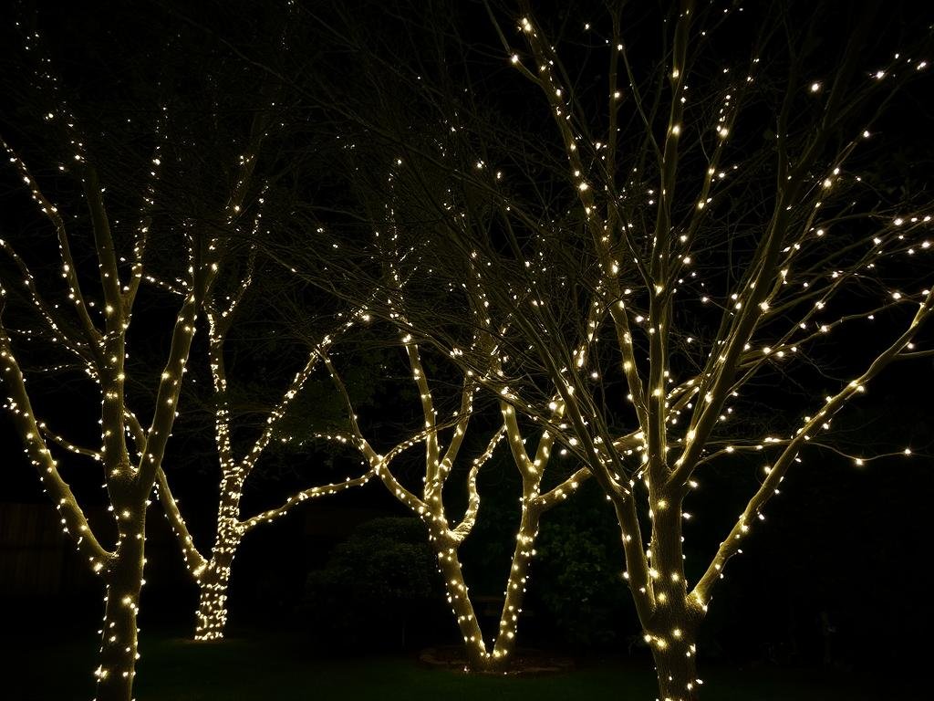 Trees wrapped with delicate fairy lights creating a magical, enchanted garden atmosphere
