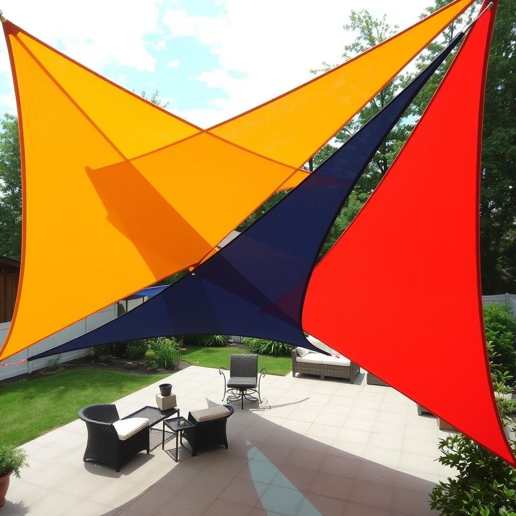 Triangular shade sails in complementary colors creating artistic shade over a patio