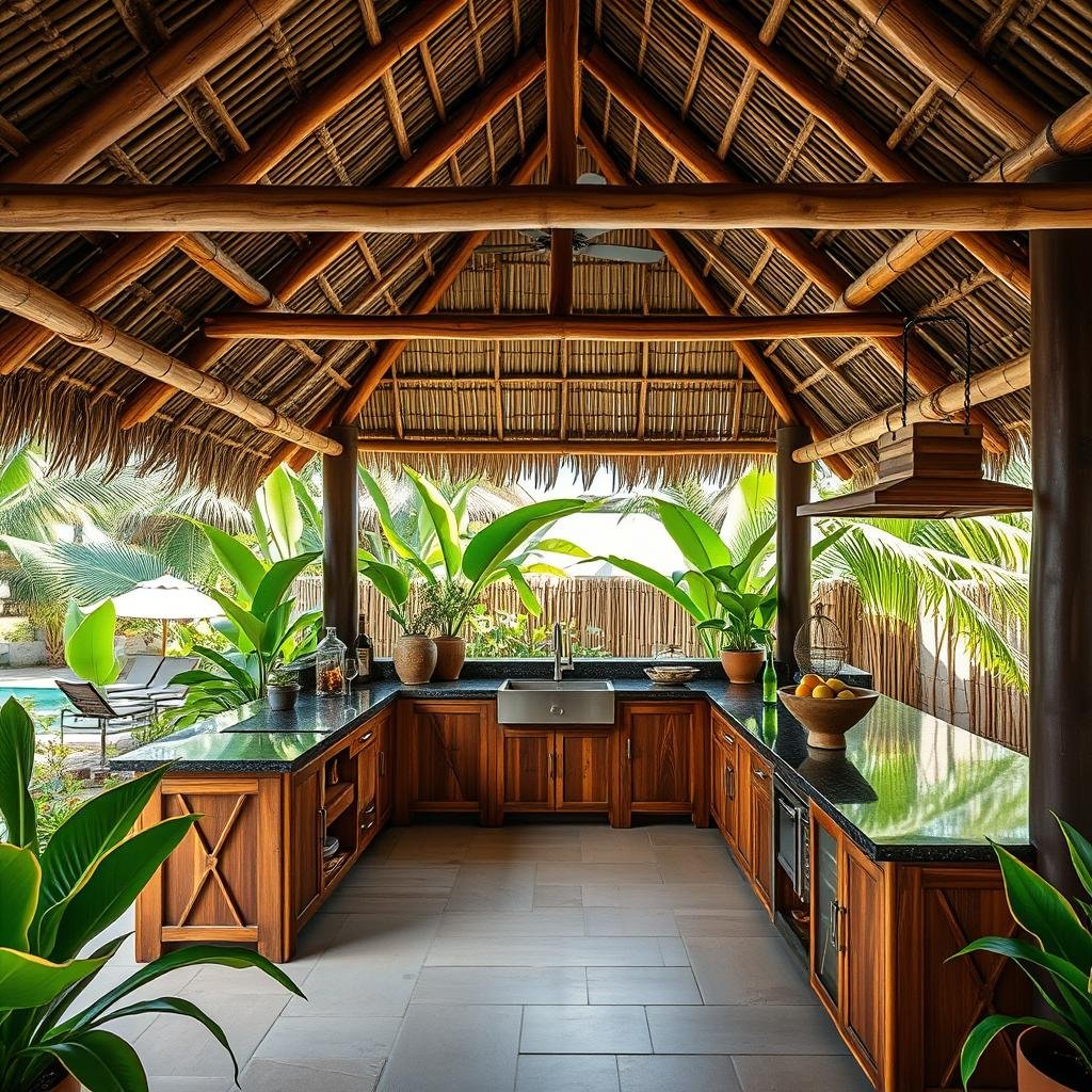 Tropical outdoor kitchen with thatched roof