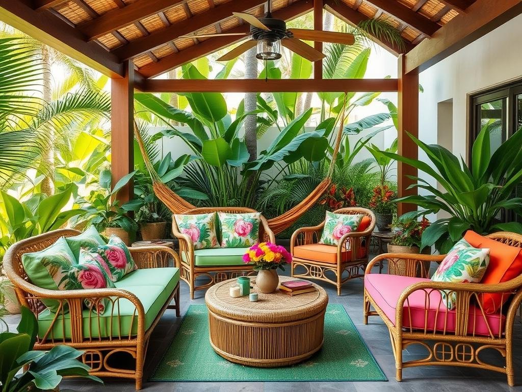 Tropical outdoor patio furniture with vibrant colors and exotic materials in a lush garden