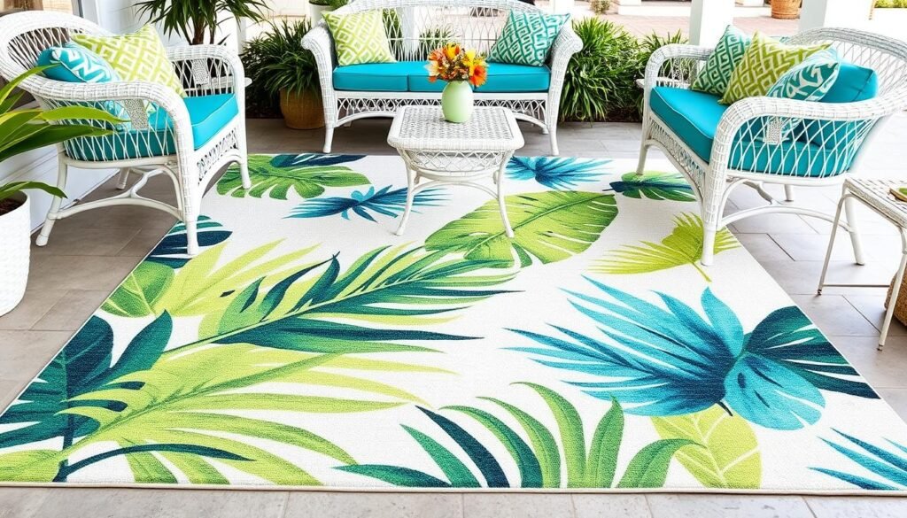 Tropical pattern waterproof outdoor rug with palm leaf design