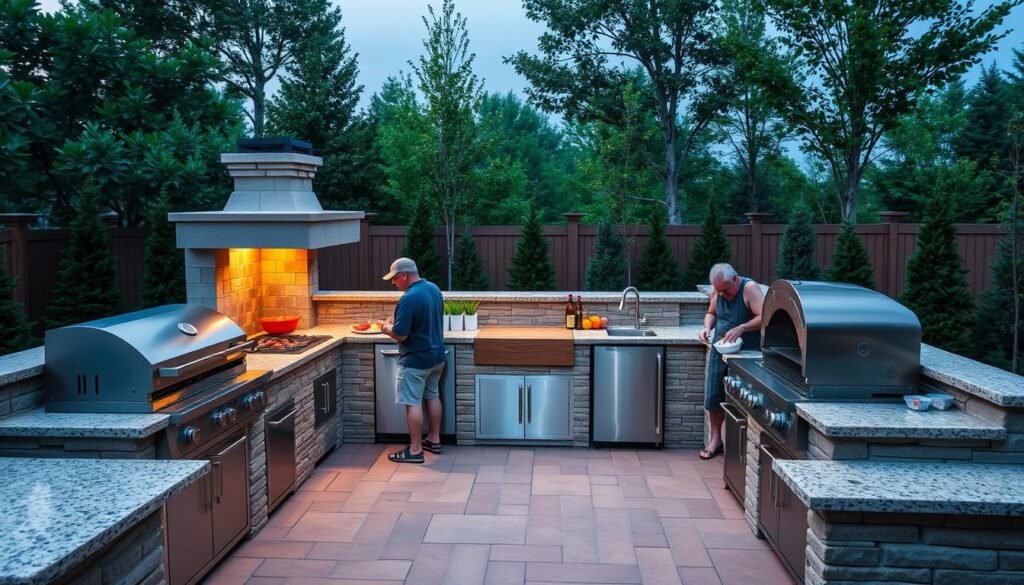U-shaped outdoor kitchen with multiple cooking stations