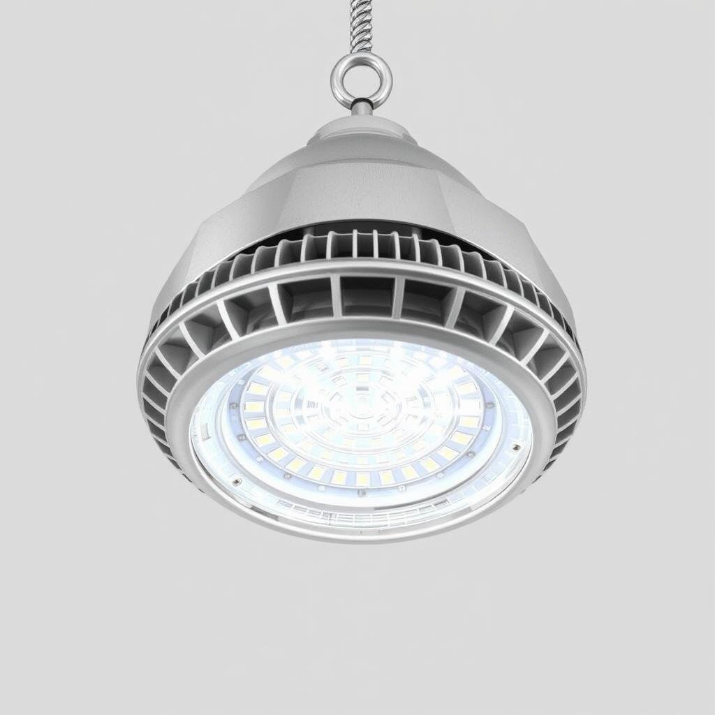 UFO-style high bay LED light for tall garage ceilings