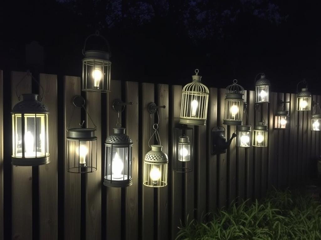 Upcycled vintage items converted into unique fence lighting fixtures