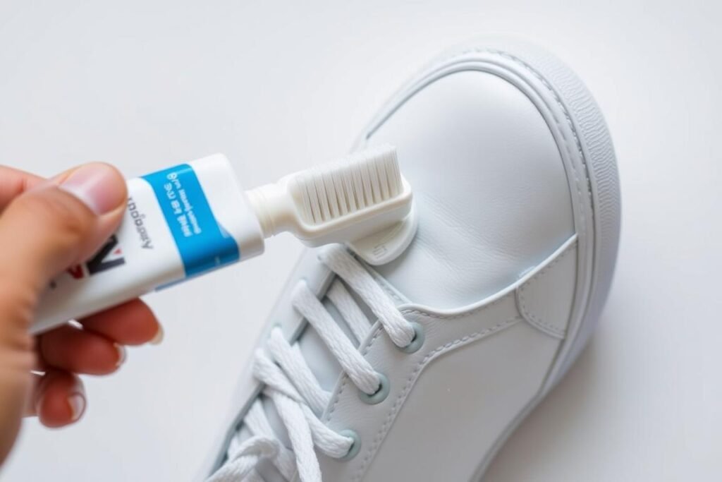 Using white toothpaste to clean leather shoes with a soft brush