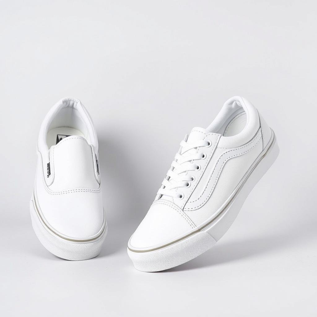 Vans white tennis shoes including Classic Slip-On and Old Skool models