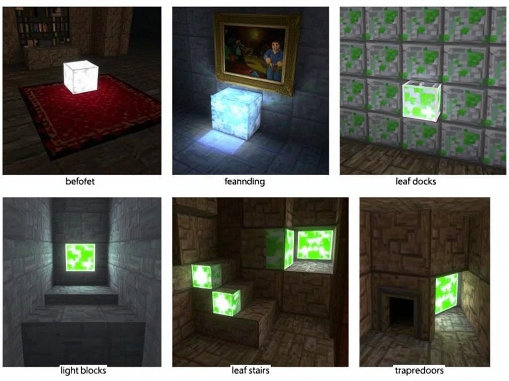 Various Minecraft techniques for hiding light sources while maintaining illumination