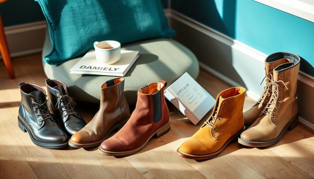 Various casual boot styles including ankle boots, chelsea boots, and desert boots arranged in a lifestyle setting