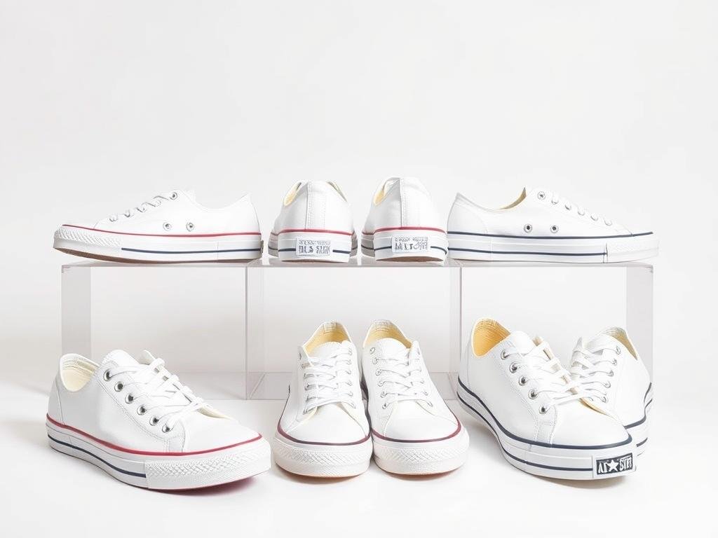 Various classic low-top white canvas tennis shoes displayed together