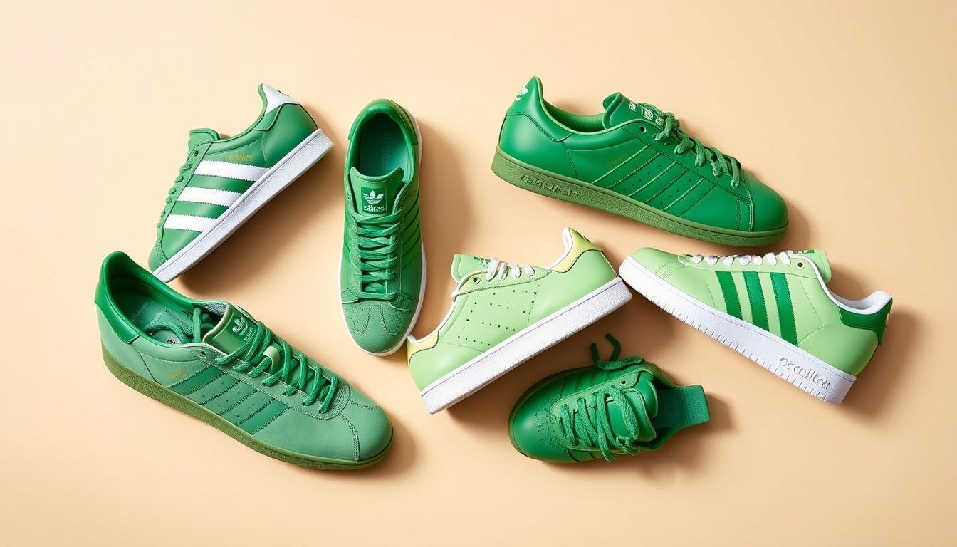 Various models of green Adidas shoes arranged in a stylish display