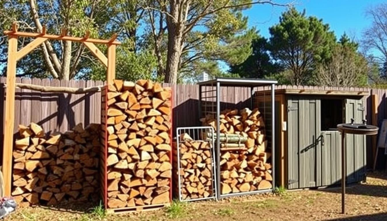 Various outdoor firewood storage solutions including racks, sheds, and covered holders arranged in a backyard setting