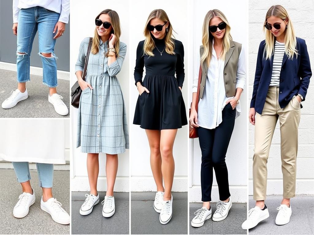Various outfits paired with white tennis shoes showing versatility
