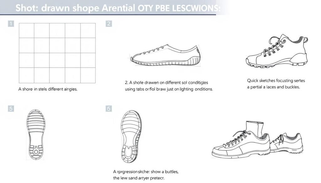 Various practice exercises for improving shoe drawing skills with examples
