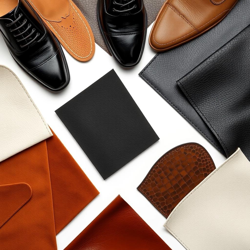 Various premium leather samples and materials used in designer shoe production