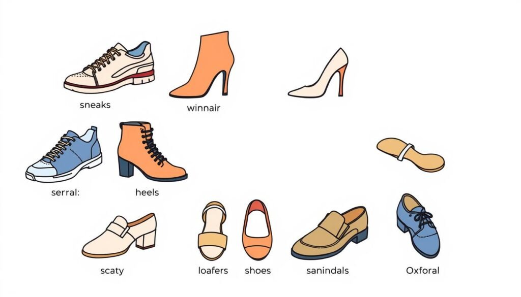 Various shoe types illustrated including sneakers, heels, boots, and sandals with labels